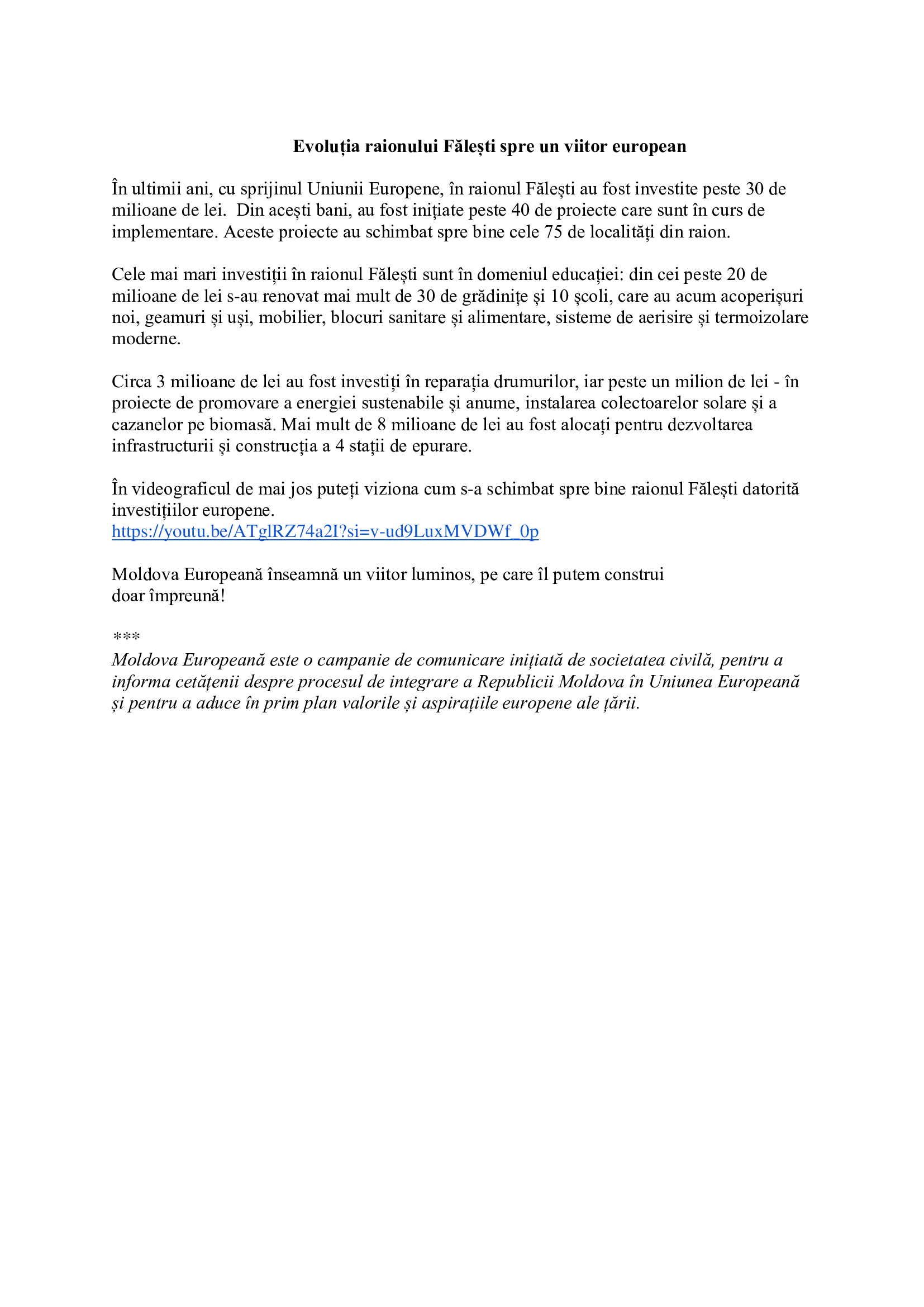 Evoluți raionului Fălești spre un viitor european !