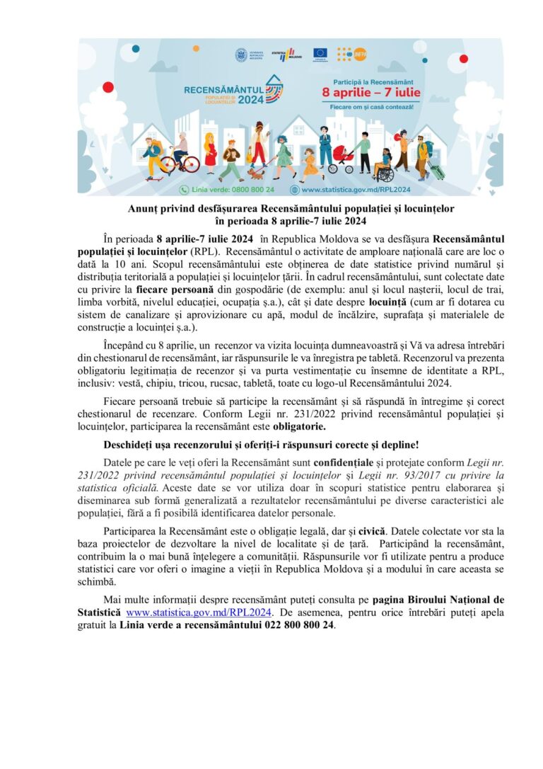 Read more about the article Anunț privind desfășurarea Recensământului populației și locuințelorîn perioada 8 aprilie-7 iulie 2024.